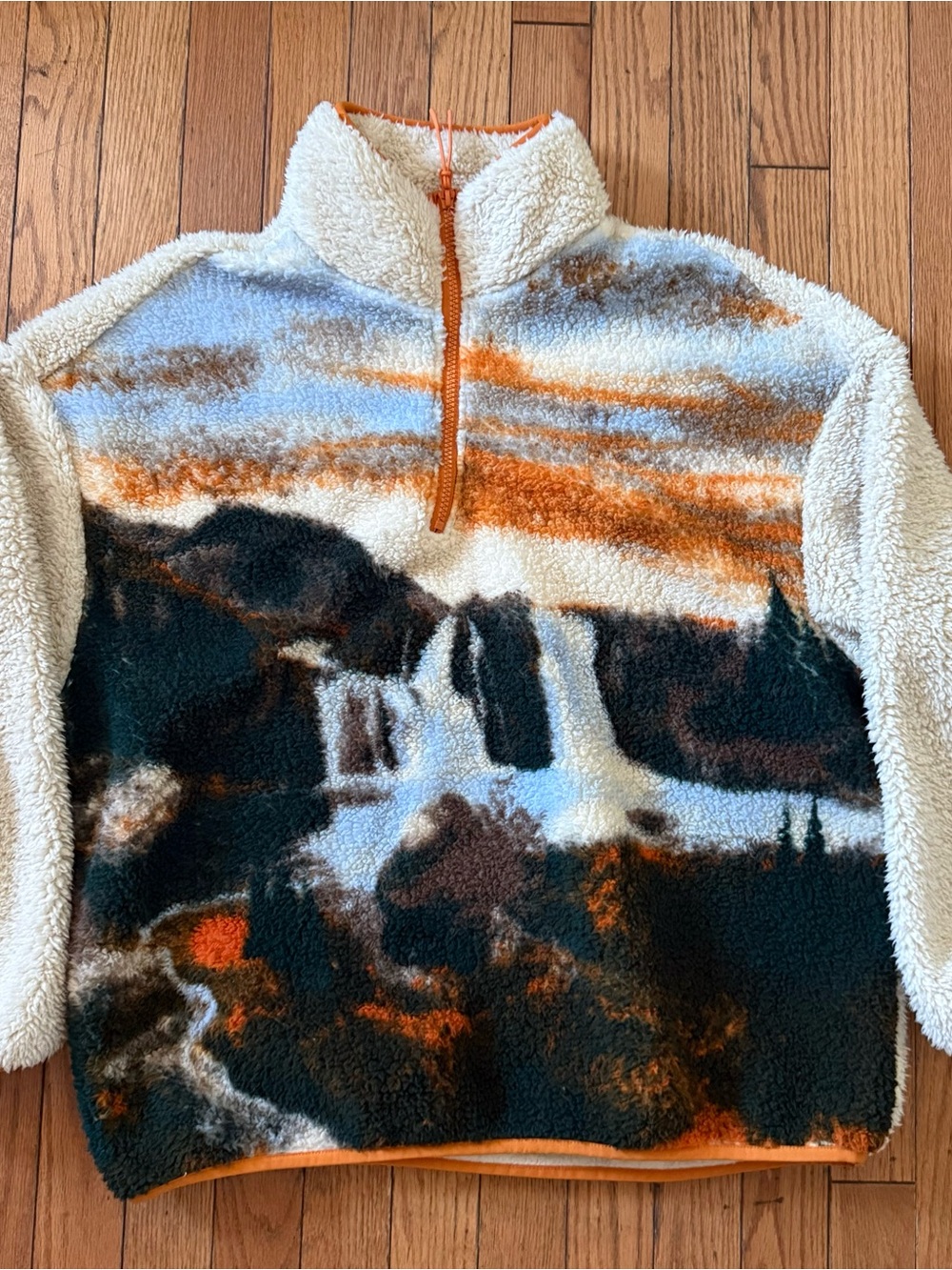 VIRAL H&M Cream, Orange, Black Scenic Sherpa Zip-Up Sweater